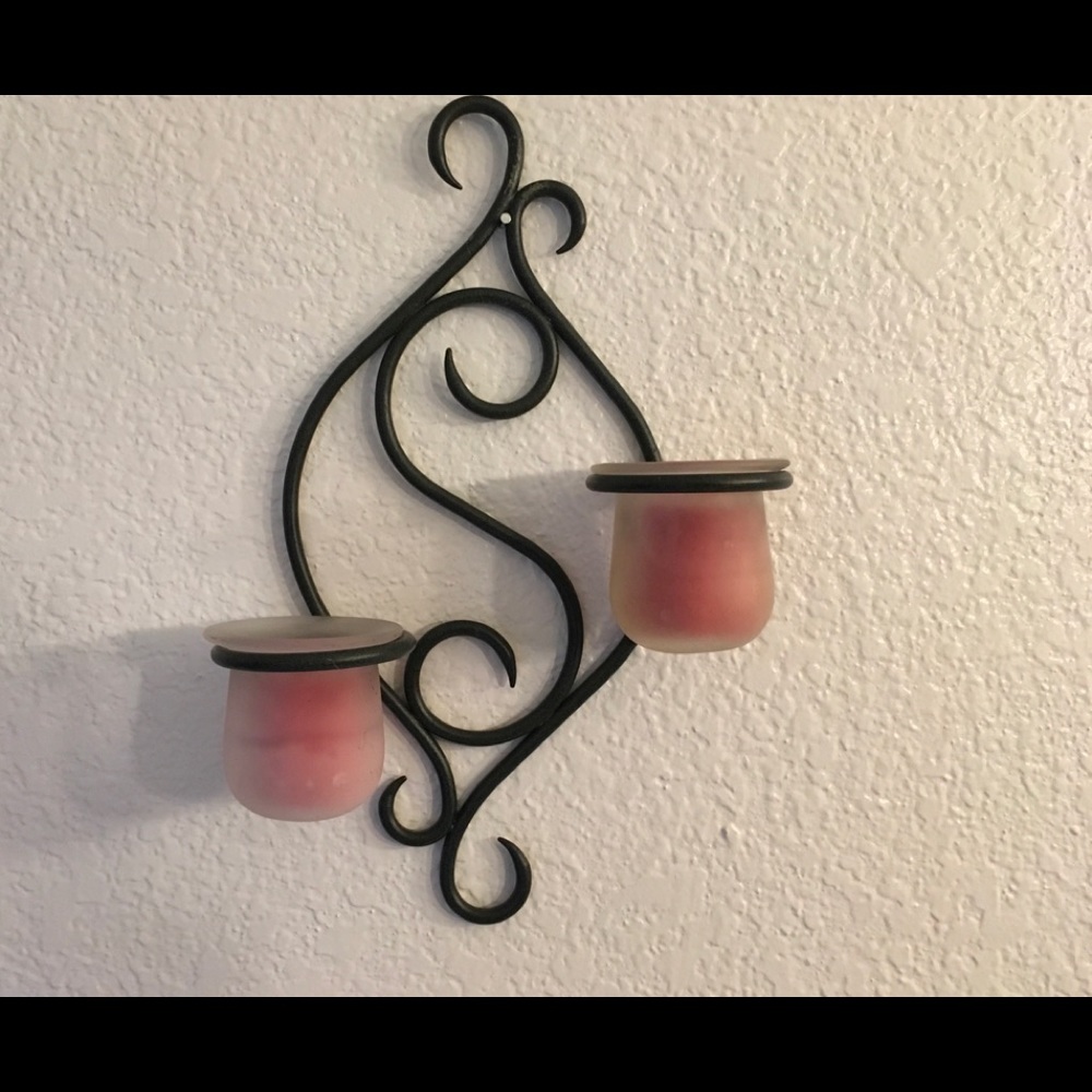 Rod Iron Sconce with 2 milk glass candle holders